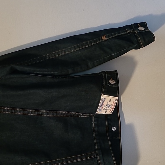 True Religion Mens Medium Dark Blue Denim World Tour Trucker Jacket Streetwear - Picture 8 of 16